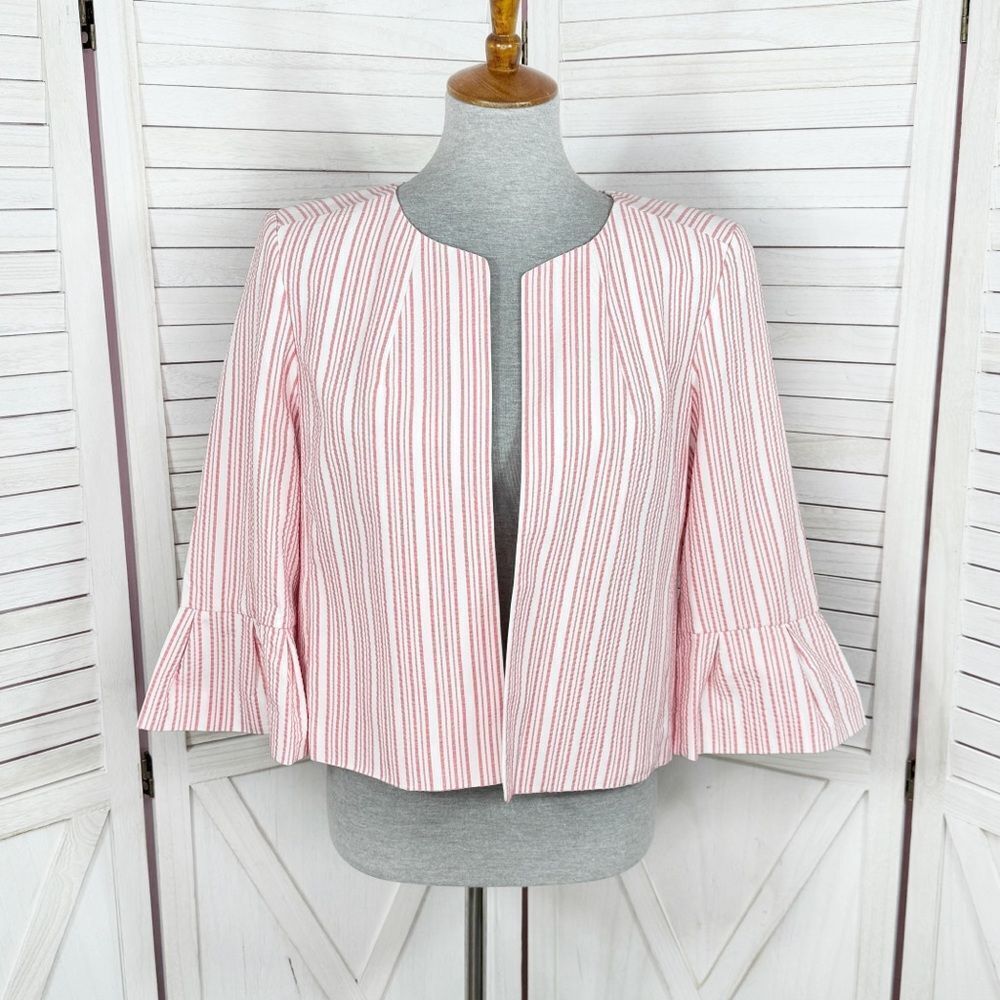 Nine West Jacket Women 8 Red‎ White Striped Open Crop Blazer  3/4 Flared Sleeve